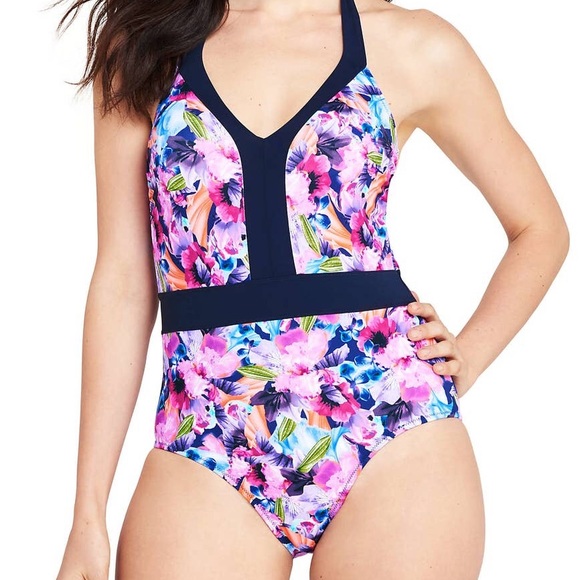 Lands' End Floral Neck Tie Swimsuit - Picture 1 of 11